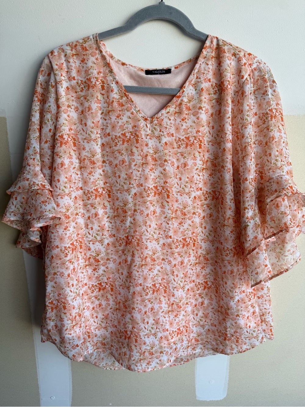 Peach Floral V-Neck Ruffle Sleeve Blouse